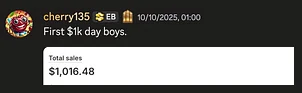 cherry135's post in Camm's Discord: First $1k day boys. Shopify total sales $1,016.48.